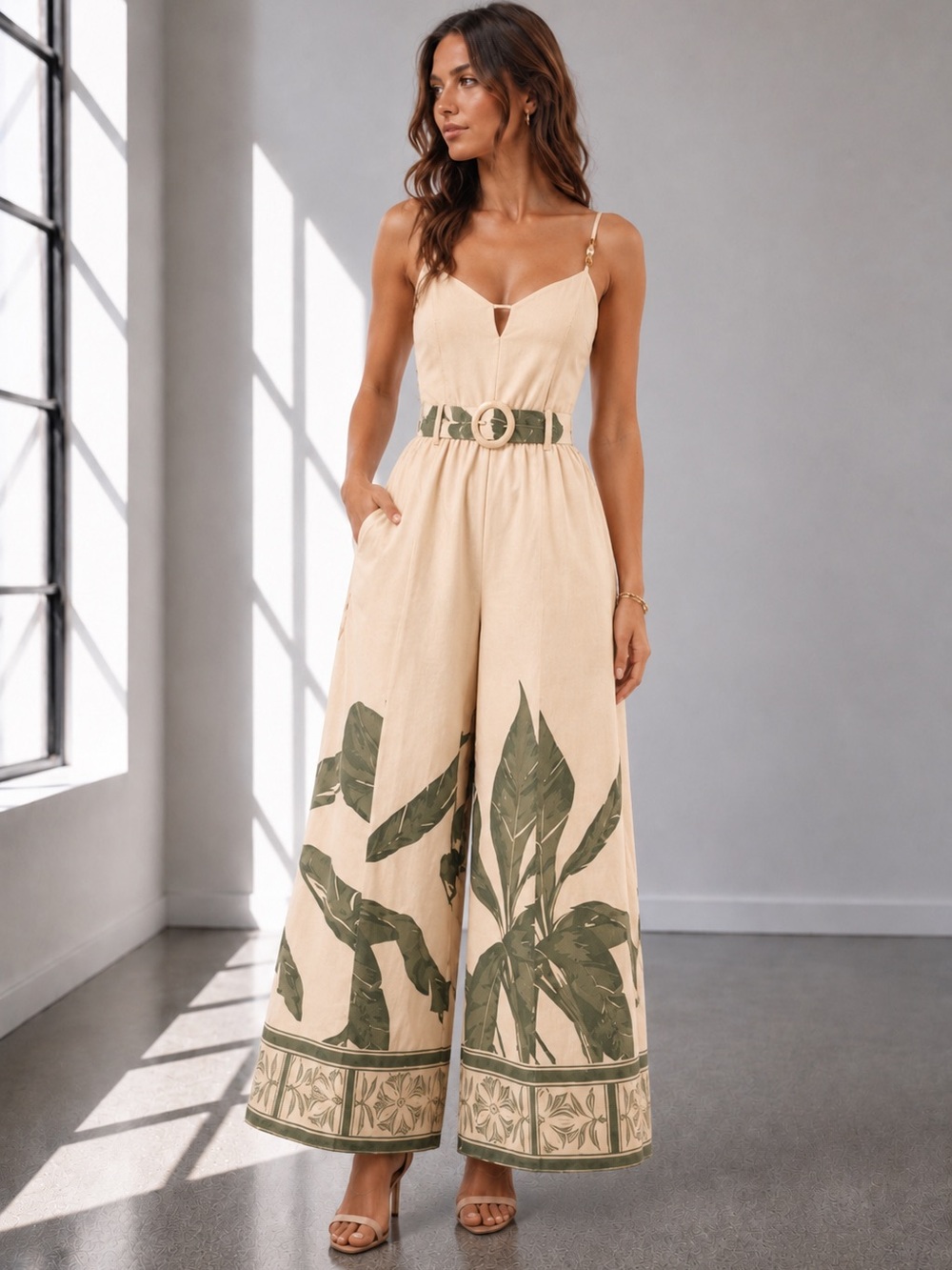 470. Palm Breeze Cotton Belted Wide-Leg Jumpsuit